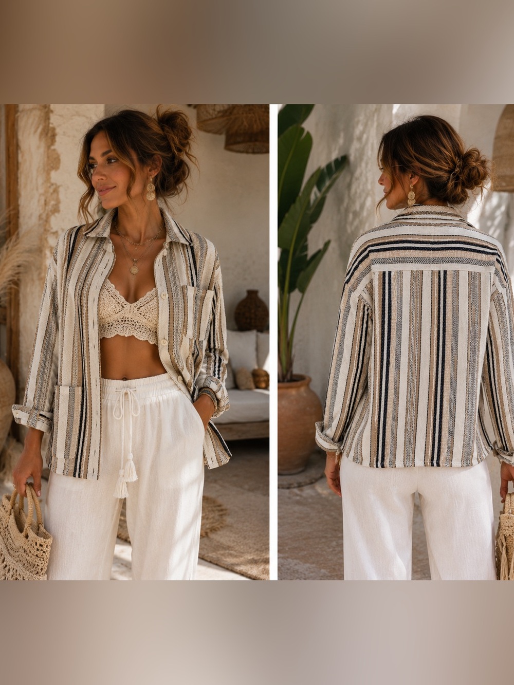 Zara Women's Oversized Textured Striped Shacket Jacket Coastal Neutral‎ Large